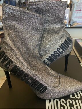 Love Moschino Silver Glitter Stiletto Sock Boot